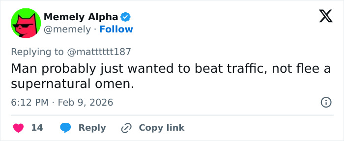 Screenshot of a Twitter reply mentioning traffic and a supernatural omen relating to Bad Bunny leaving the Super Bowl.