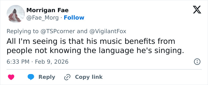 Social media user discussing heated debate over Super Bowl fans translating Bad Bunny's explicit lyrics.