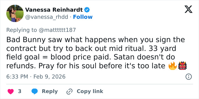 Tweet mentioning Bad Bunny’s fearful exit from Super Bowl and social media erasure, discussing a contract and consequences.