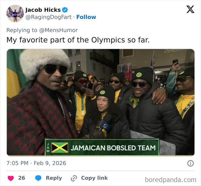 Tweet showing the Jamaican bobsled team with fans and athletes, humorously highlighting the 2026 Winter Olympics moment.