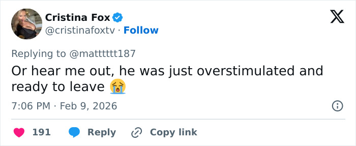 Tweet from Cristina Fox suggesting Bad Bunny was overstimulated and ready to leave the Super Bowl, with a crying emoji.