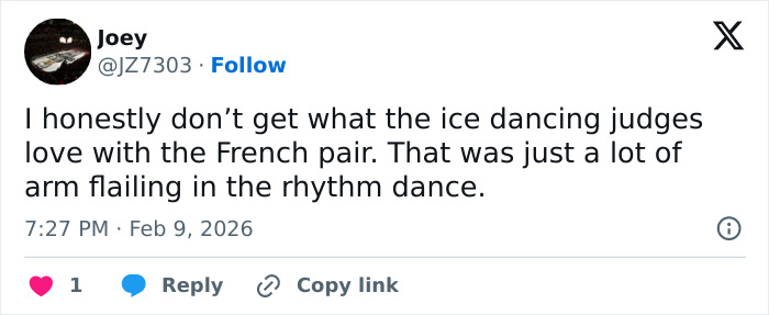Tweet criticizing Olympics figure skating judges for suspicious scoring favoring the French pair in rhythm dance event.