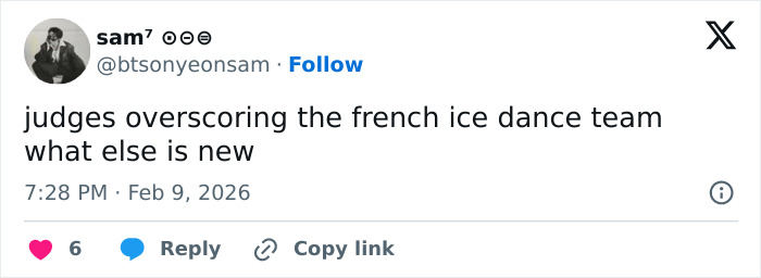 Screenshot of a tweet accusing Olympics figure skating judges of suspicious scoring and overscoring the French ice dance team.