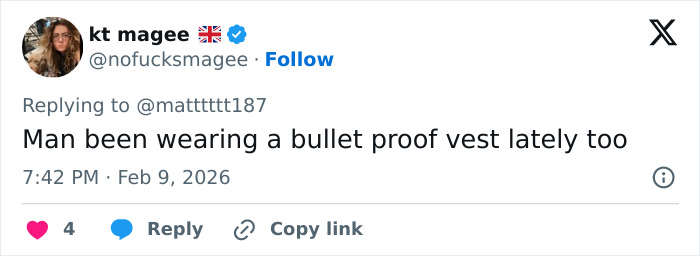 Screenshot of a social media post discussing Bad Bunny wearing a bulletproof vest amid Super Bowl exit rumors.