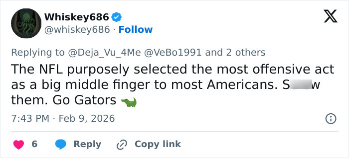 Tweet showing heated debate by Super Bowl fans reacting to Bad Bunny's explicit lyrics translation and NFL performance choice.