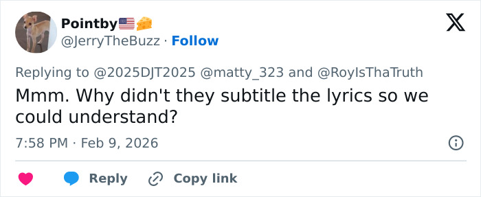 Tweet from user questioning why Bad Bunny's lyrics were not subtitled for better understanding during Super Bowl debate.