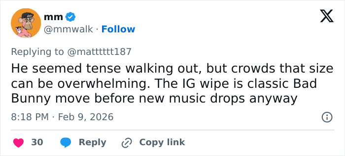 Tweet discussing Bad Bunny appearing tense while exiting Super Bowl and erasing social media before new music release.