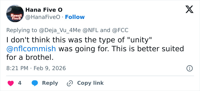 Tweet criticizing NFL and FCC over explicit Bad Bunny lyrics, sparking heated debate among Super Bowl fans on social media.