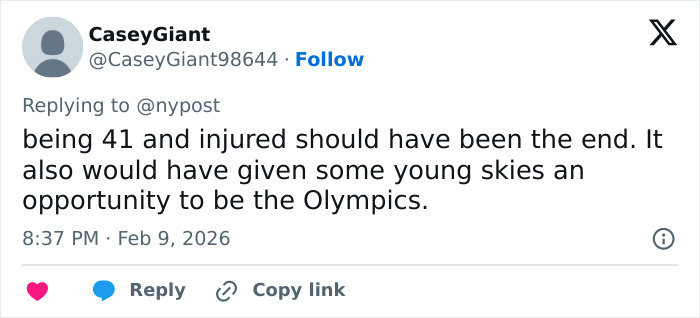 Twitter post by CaseyGiant mentioning injury and missed Olympics opportunity after Lindsey Vonn’s terrifying ICU stay following crash.