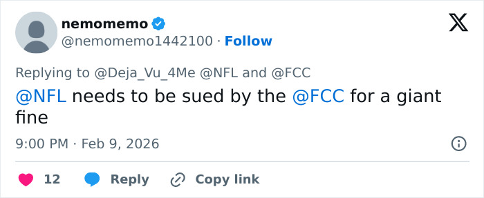 Tweet referencing NFL and FCC amid heated debate after Super Bowl fans translate Bad Bunny's explicit lyrics.