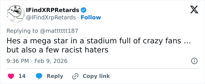 Tweet discussing Bad Bunny as a fearful crowd reacts at the Super Bowl, with mention of erasing social media posts.