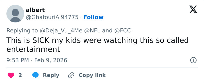 Screenshot of a Twitter user expressing concern about explicit lyrics during Super Bowl entertainment debate.