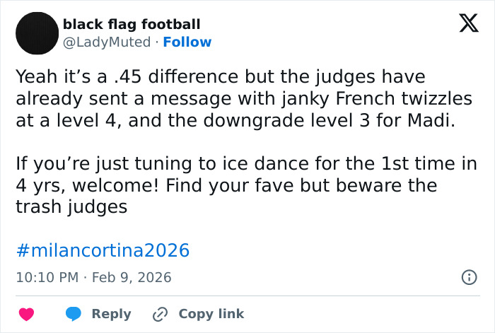 Tweet criticizing Olympics figure skating judges for suspicious scoring and bias against Team USA ice dance performance.