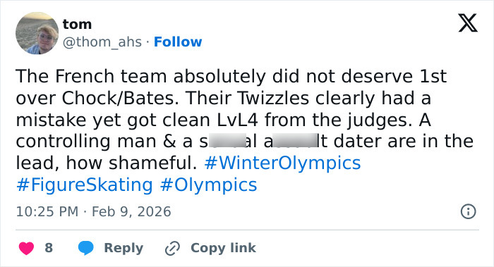 Tweet accusing Olympics figure skating judges of suspicious scoring favoring French team over Team USA at Winter Olympics.