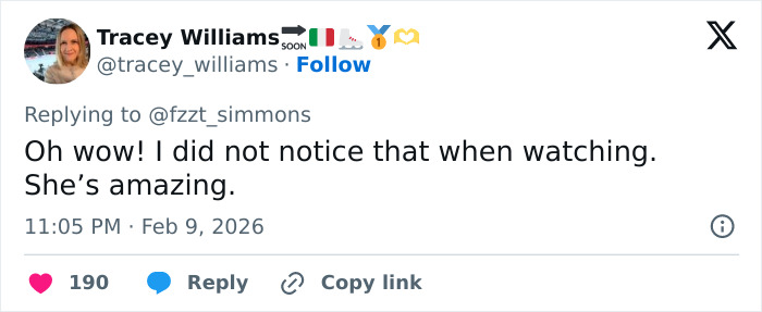 Tweet showing a fan praising an Olympic ice skater&rsquo;s incredible save after a wardrobe malfunction during her routine.