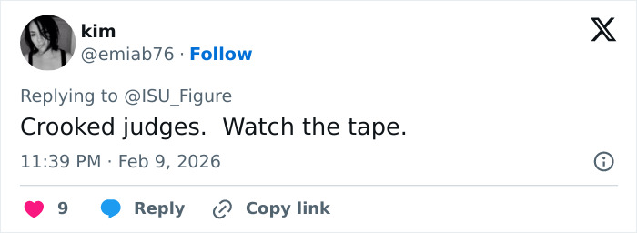 Fan tweet accusing Olympics figure skating judges of suspicious scoring in Team USA performance controversy.