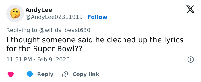 Tweet from AndyLee discussing confusion about cleaning up Bad Bunny&rsquo;s explicit lyrics during the Super Bowl debate.