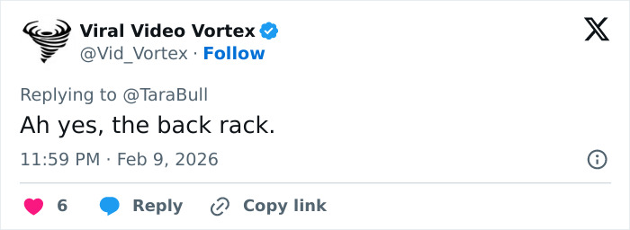 Tweet from Viral Video Vortex replying with a sarcastic comment about a low-cut dress advertisement going viral.