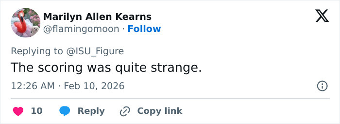 Tweet from Marilyn Allen Kearns reacting to suspicious scoring in Olympics figure skating, mentioning strange judging.