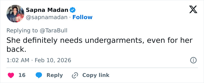 Tweet by Sapna Madan criticizing the low-cut dress in a viral advertisement for lacking proper undergarments.