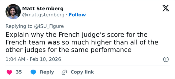 Screenshot of a tweet questioning suspicious scoring by Olympics figure skating judges favoring the French team over Team USA.