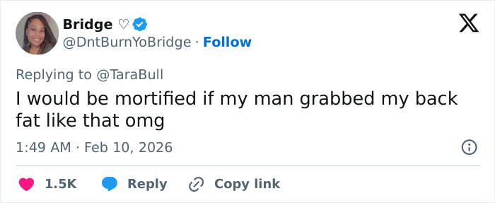 Tweet from user Bridge expressing discomfort about a man grabbing back fat, related to low-cut dress advertisement controversy.