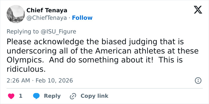 Tweet accusing Olympics figure skating judges of biased scoring underscoring American athletes during competition.