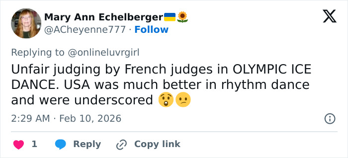 Tweet criticizing suspicious scoring by Olympic figure skating judges, claiming Team USA was unfairly underscored in ice dance.