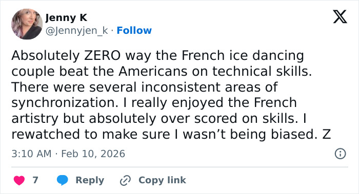Screenshot of a tweet accusing Olympics figure skating judges of suspicious scoring favoring the French over Team USA.