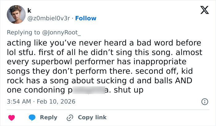 Social media user responding to heated debate after Super Bowl fans translate Bad Bunny explicit lyrics.