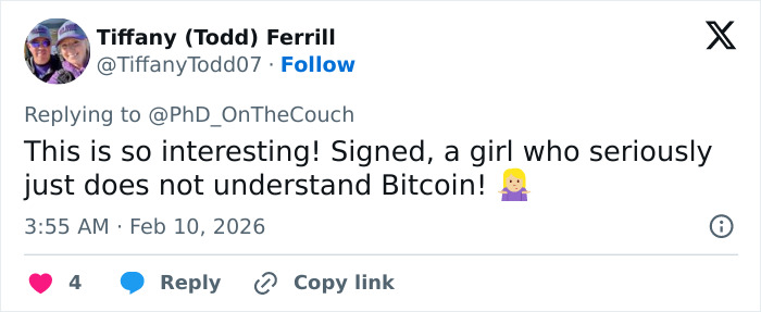 Tweet from Tiffany Todd Ferrill expressing surprise about Bitcoin, replying to a crypto expert explaining Bitcoin exchange aiding police.