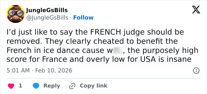 Tweet accusing Olympics figure skating judges of suspicious scoring favoring France over Team USA in ice dance competition.