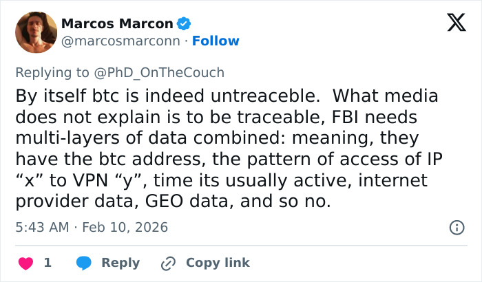 Tweet from crypto expert Marcos Marcon explaining how Bitcoin exchange data helped police track Nancy Guthrie's kidnapper using multi-layer analysis.