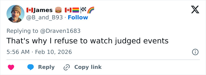 Screenshot of a Twitter reply expressing refusal to watch judged events amid figure skating suspicious scoring controversy.