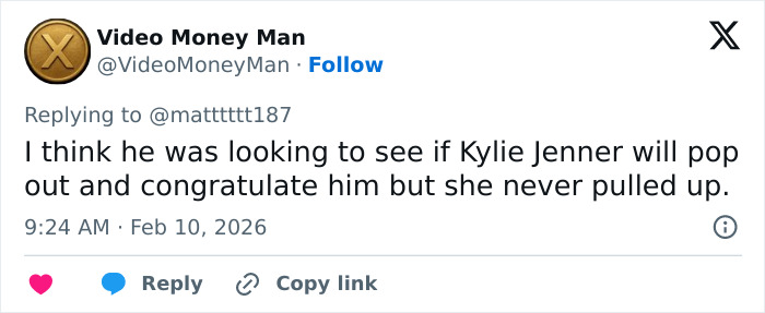 Tweet from Video Money Man discussing Bad Bunny’s exit from Super Bowl and social media activity, posted February 2026.