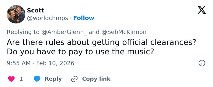 Screenshot of a Twitter reply to Amber Glenn discussing official clearances and music usage questions.
