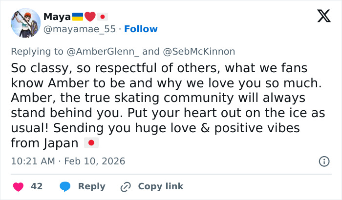 Supportive tweet praising Amber Glenn from a fan in Japan amid backlash and threats over her beliefs.