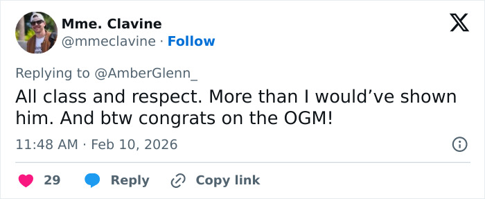 Tweet reply expressing respect and congratulations related to Amber Glenn amid backlash and threats over her beliefs.