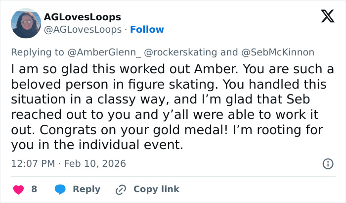 Tweet showing a fan supporting Amber Glenn amid terrifying backlash and threats over her beliefs in figure skating.