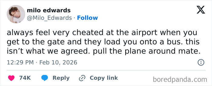 Screenshot of a hilarious X post where a user humorously complains about being bused at the airport, showcasing chaotic humor.