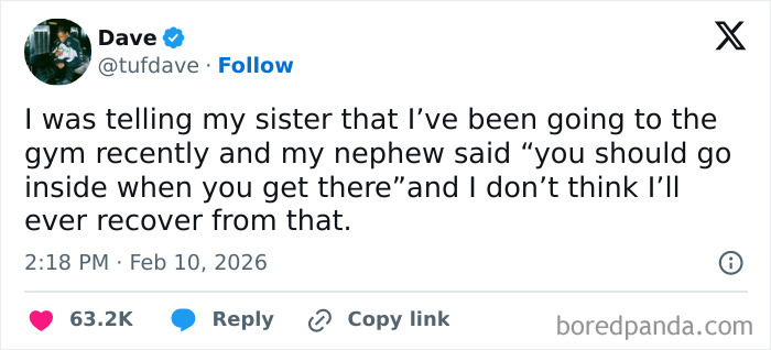 Screenshot of a chaotic and hilarious X post showing a funny gym conversation used to cope with humor.