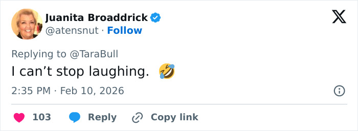 Tweet from Juanita Broaddrick reacting with laughter, related to low-cut dress advertisement going viral for all the wrong reasons.