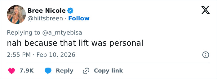 Social media post from Bree Nicole replying about a low-cut dress advertisement causing viral reactions online.