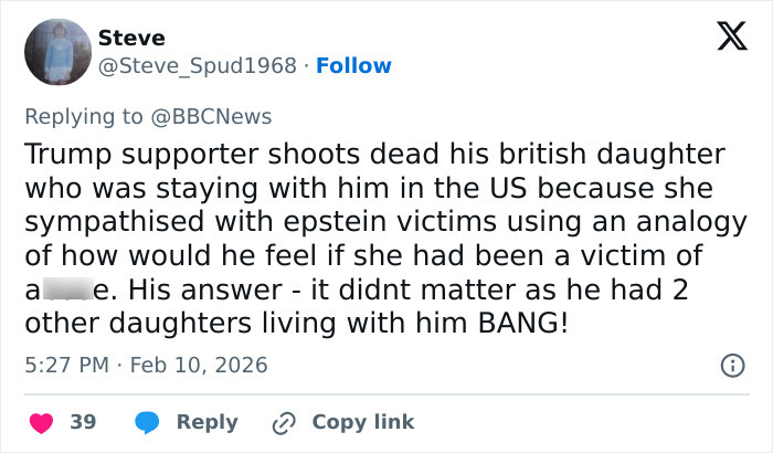 Screenshot of a tweet describing a Trump supporter who k****d his daughter after a political argument.