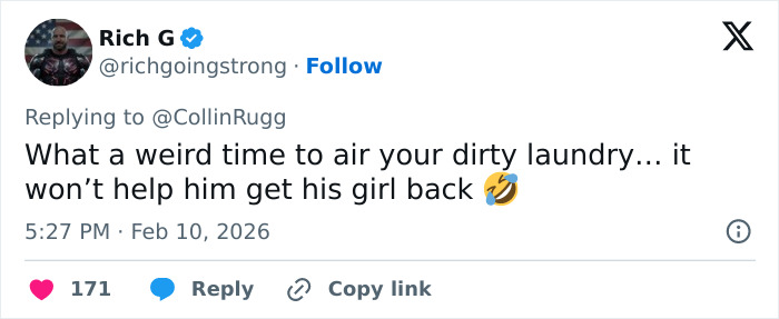 Screenshot of a social media reply reacting to an Olympic medalist&rsquo;s shocking confession about cheating on girlfriend.