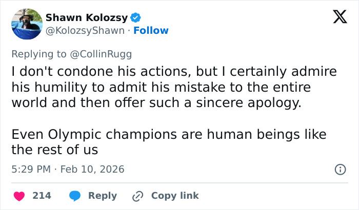 Tweet discussing an Olympic medalist&rsquo;s shocking confession about cheating on girlfriend after medal victory.