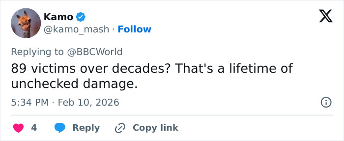 Tweet expressing shock over crimes against 89 victims linked to a teacher known for helping under-privileged students.