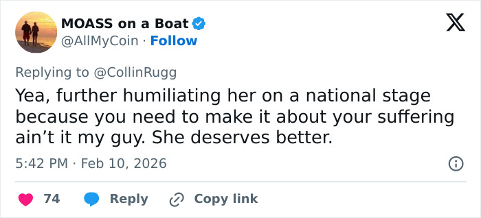 Tweet from MOASS on a Boat criticizing an Olympic medalist&rsquo;s public confession about cheating on girlfriend after medal victory.