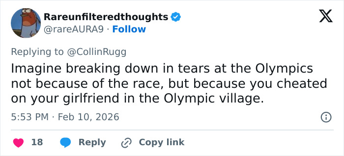 Tweet text about Olympic medalist breaking down in tears after cheating on girlfriend in Olympic village.