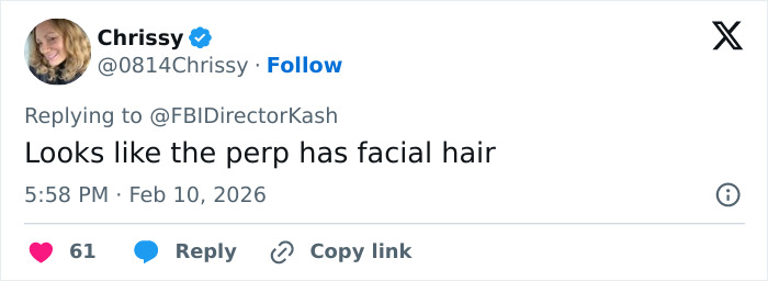 Screenshot of a tweet discussing facial hair on the Nancy Guthrie suspect released by the FBI on the morning of her disappearance.